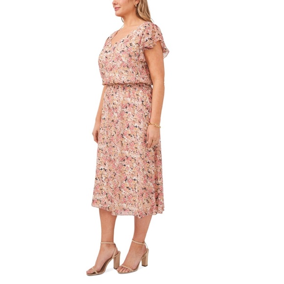 MSK Floral Print Short Flutter Sleeve Mid Calf Dress Size 2X - Picture 2 of 10